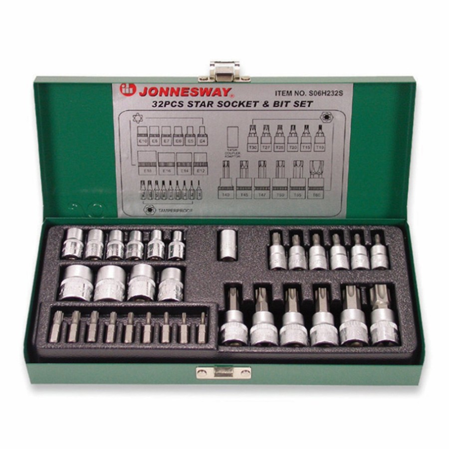 Cutting & Abrasives Jonnesway Tools | Jonnesway 32 Piece Star Socket Tamperproof Bit Set 1/4″ & 3/8" Drive Tools