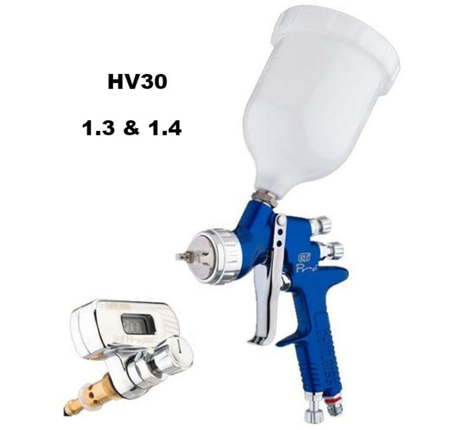 Spray Guns DeVilbiss Gravity-Fed | Devilbiss Gti Pro Lite Digital 1.3Mm 1.4Mm Tips Hv30 Cap Spray Paint Gun Blue