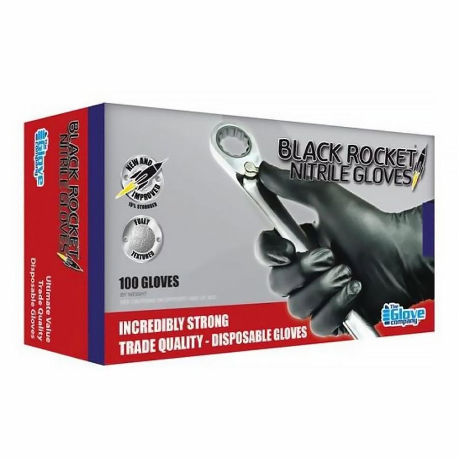 Safety KBS Nitrile Gloves | Kbs Black Rocket Nitrile Gloves Disposable Trade Quality Medium X 100 Pack Box