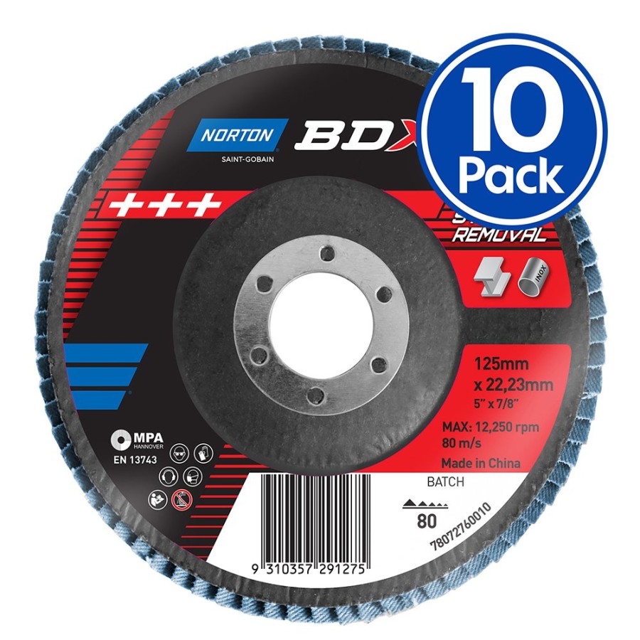 Cutting & Abrasives Norton | Norton Bdx Flap Disc 125Mm X 22Mm X 10 Pack P80 Grit Fast Stock Removal