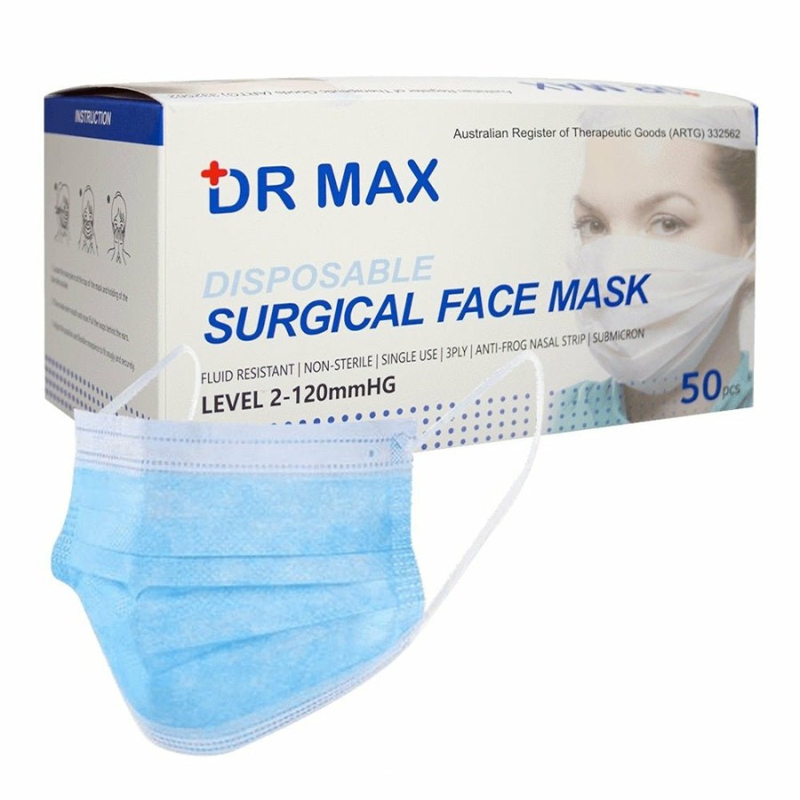 Safety Dr Max | Dr Max 3 Ply Fluid Resistant Disposable Surgical Face Mask X 50 Pack