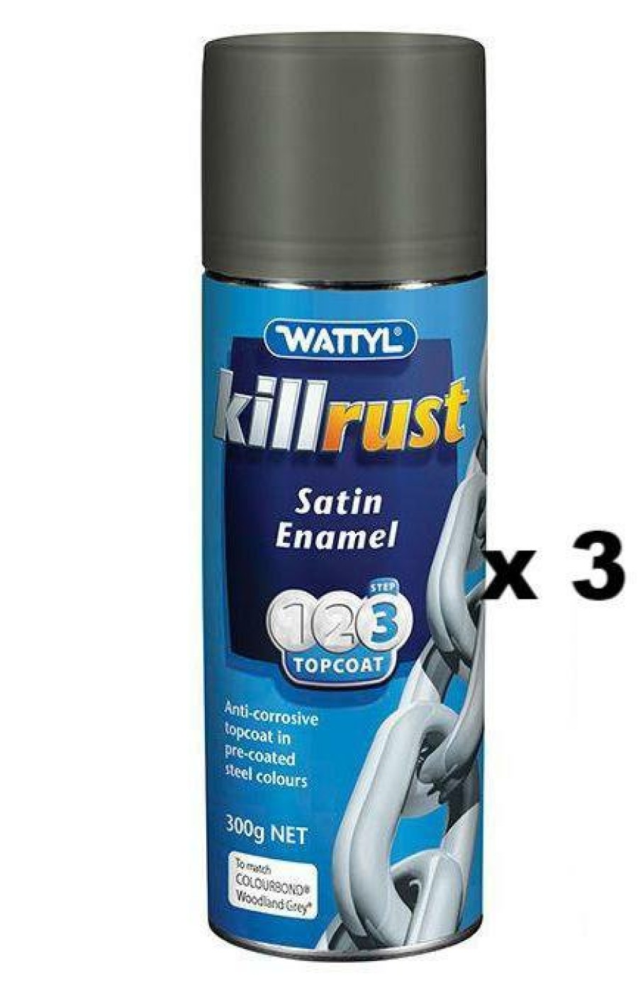 Paint Wattyl Exterior | Killrust Satin Enamel Aerosol Match Colorbond Steel Colour 300G Woodland Grey X3