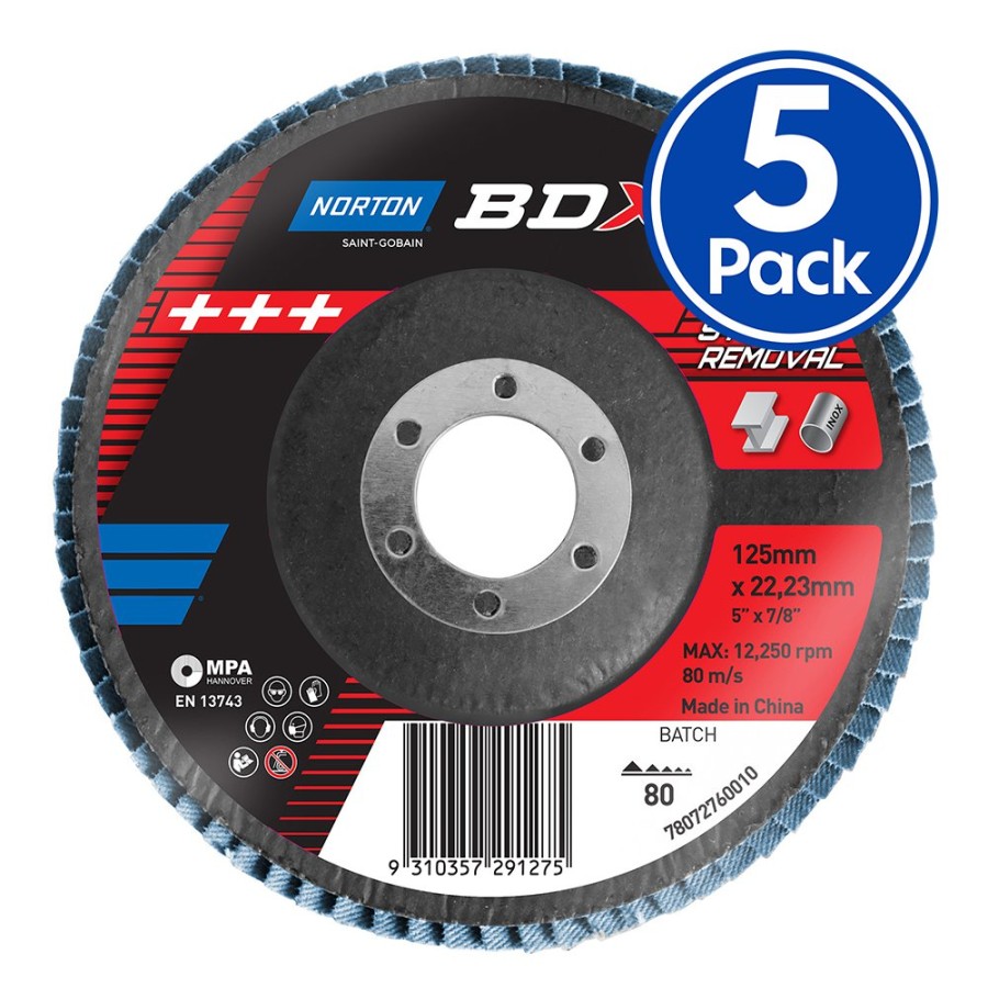 Cutting & Abrasives Norton | Norton Bdx Flap Disc 125Mm X 22Mm X 5 Pack P80 Grit Fast Stock Removal