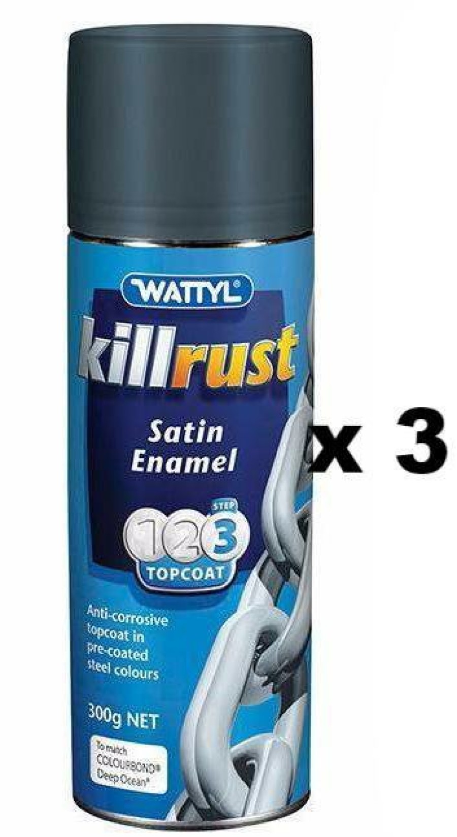 Paint Wattyl Exterior | Killrust Satin Enamel Aerosol Match Colorbond Steel Colour 300G Deep Ocean X 3