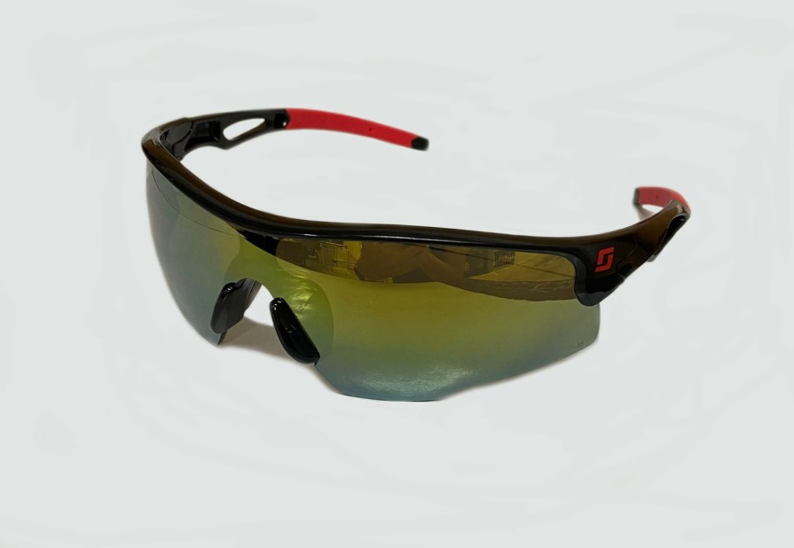 Safety 3M Safety Glasses | 3M Scott Safety S714M Draft Mirror Gold Tinted Lens Black Red Frame Glasses